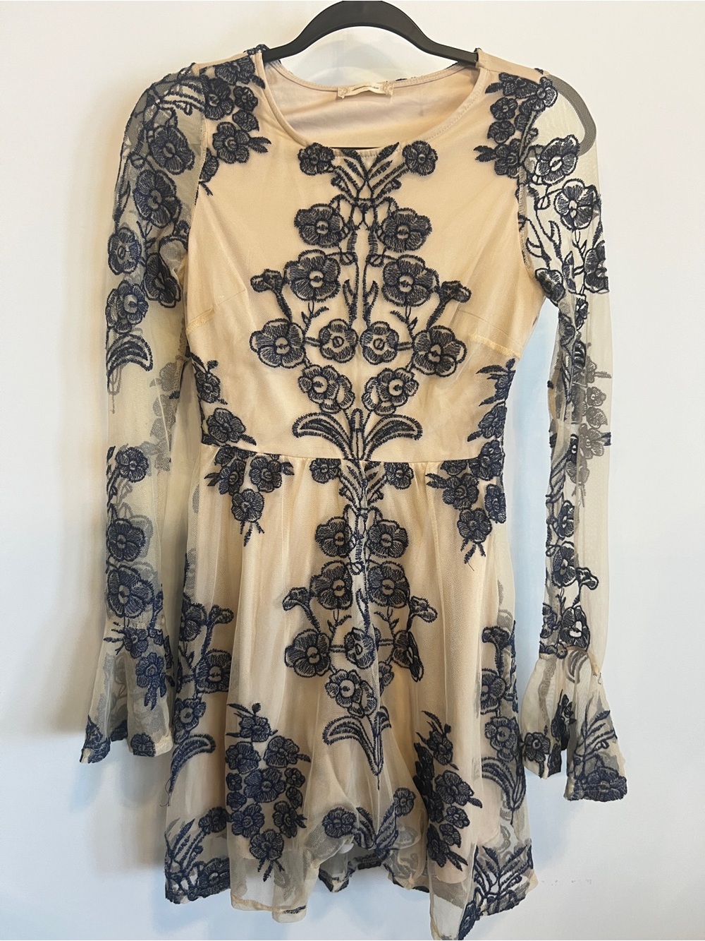 Floral Embroidered Long Sleeve Mesh Dress W/ Flared Sleeves in Nude and Blue